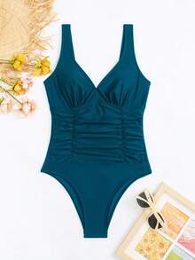 Traje de baño de una pieza con espalda descubierta y unicolor, adecuado para vacaciones en la playa - verde oscuro - Ver 8