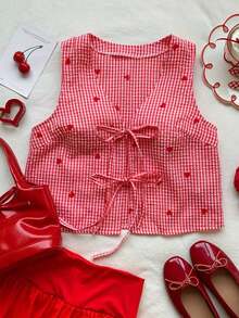 2026 Nuevo Verano Elegante, de Vacaciones, Informal, Y2k, Primavera Día de San Valentín Blusa Casual con Estampado de Corazón y Lazo Frontal para Mujer Blusa a Cuadros Rojos, Blusa Roja a Cuadros, Blusa Roja con Estampado de Corazón, Blusa Roj - Multicolor - Ver 6