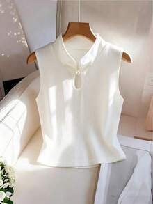 Chaleco de punto de unicolor con botones de perlas de estilo chino, elegante y de moda, sin mangas para mujer - Blanco - Ver 3
