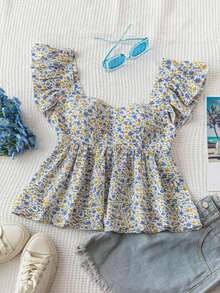 estilo babydoll holgado de cuello cuadrado para mujer "WYWH Vacation" - Top estilo babydoll de cuello cuadrado con estampado floral azul y mangas con volantes - Multicolor 2 - Ver 7