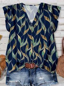 Blusa casual con estampado de hojas para mujer, azul marino, adecuada para el verano - Azul - Ver 6