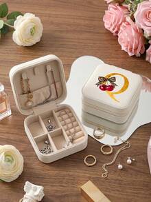 Beige Portable Storage Box - Personalized Letter Gift Box Suitable For Women, Multi-Compartment Jewelry Organizer Suitable For Earrings And Necklaces, Small Zippered Storage Box With Velvet Lining, Travel Storage Box Perfect For Bridesmaid Gifts And Friends - Bow - View 12