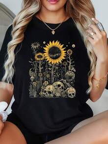 Moderno1 Camiseta de Talla Grande para Mujer con Estampado Gráfico Gótico de Girasol y Calavera - Con Intrincados Motivos Florales y Celestiales Macabros, 100% Poliéster, Cuello Redondo Casual, 220g, Camiseta Gráfica de Manga Corta Oversize, Ropa Casual - Negro - Ver 6