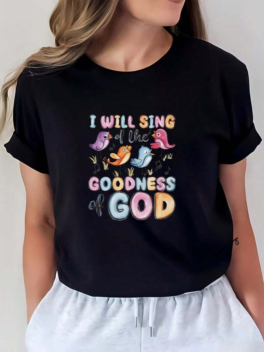 1 pieza de Playera corta 100% algodón, cuello redondo casual con estampado, Yo cantaré a Dios, cristiana, manga corta transpirable para uso diario - Negro - Ver 1