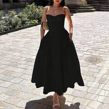 Women's Beige Corset Spaghetti Strap Midi Dress, Sweetheart Neck A-Line Flare Dress, Elegant Bridesmaid & Wedding Guest Dress - 24586-黑色 - 查看 4