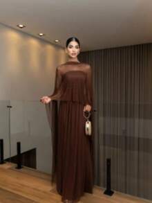 Long Dress With Cape For Wedding, Evening, Or Graduation. - Rust Brown - View 1