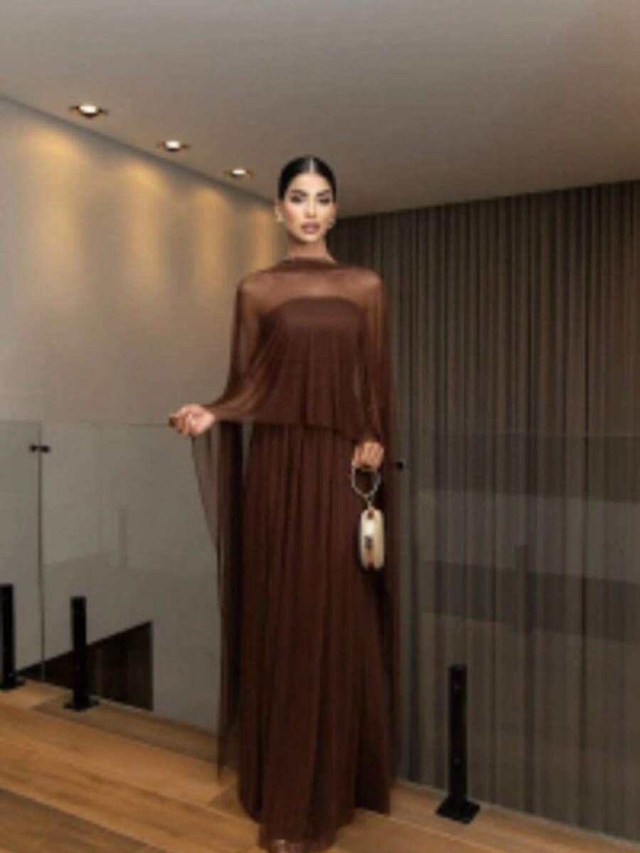 Long Dress With Cape For Wedding, Evening, Or Graduation. - Rust Brown - View 1