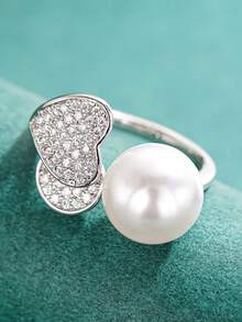 1pc Elegant Cubic Zirconia & Faux Pearl Ring, Women's Wedding Jewelry, Valentine's Day Gift - Silver - View 4