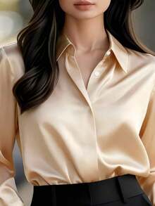 Camisa de manga larga de unicolor elegante para mujer - Blusa de cuello clásico no transparente, tela premium para primavera, verano, otoño, versátil para uso casual y profesional, lavable a máquina/limpieza en seco, diseño estilizado, textura refinada Blanco - Champán - Ver 3
