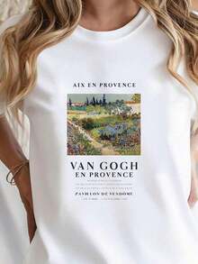 Casual T-Shirt With Van Gogh Impressionist Art Print - Short Sleeve Crew Neck T-Shirt With Bright Geometric Pattern, Machine Washable, Comfortable For All Seasons, Spring, Summer, Cute Short Sleeve T-Shirt Suitable For Easter, Halloween, Thanksgiving, Etc. 100% Durable Cotton - 白色 - 查看 7