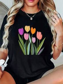 100% Algodón Premium 180g .¡Oferta Especial!Playera.Camiseta de Mujer con Estampado de Tulipanes Coloridos de Algodón Suave para Primavera Verano Ideal para Uso Diario o Informal en Tallas S a XL Color Negro Ropa de Moda Flor Estilo Casual Camiseta Streetwear Unisex Ideal para Conciertos y Regalo - Negro - Ver 6