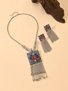 Bộ trang sức 3 món phong cách Bohemian đính đá, gồm dây chuyền và bông tai hợp kim tua rua, thích hợp cho nữ đeo hàng ngày, dự tiệc hoặc các dịp lễ hội. - Bộ ba món - Xem 3