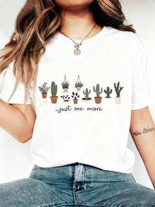 Cactus And Pot Print, European And American Fashion T-Shirts, Cheerful Vibe, Casual Cartoon Short-Sleeved Crew Neck, Stylish And Elegant - Family Gatherings And Parties - Fashionable Women's Clothing [Get Today's Minimalist Style Sweatshirt] - 白色 - 查看 5