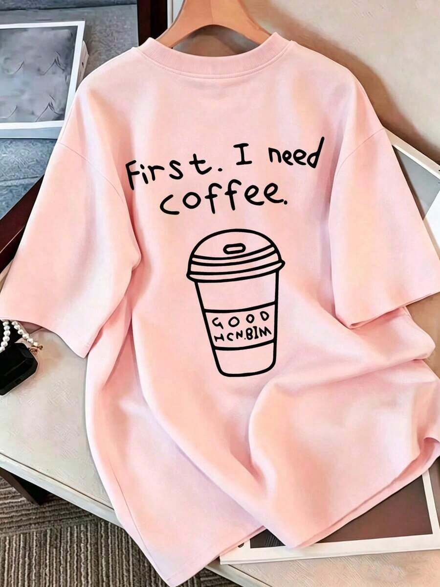 Women's T-Shirt With Graphic Print "First. I Need Coffee." Round Neck And Short Sleeves, Relaxed And Casual Fit, Versatile, Suitable For Everyday Wear And Summer Holidays - 羅莎 - 查看 1