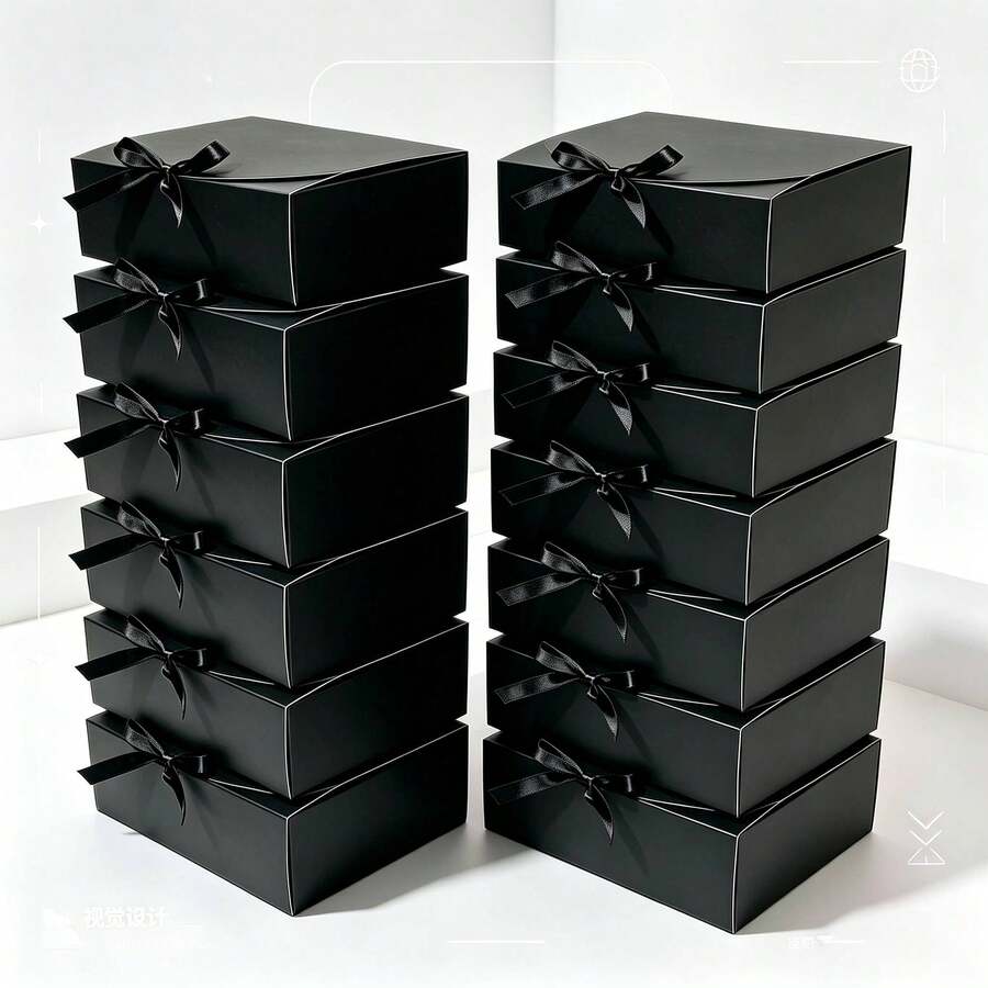 Tersedia 3 Ukuran, Kotak Hadiah Hitam dengan Tutup dan Pita Hitam, Kotak Hadiah Kertas untuk Pengantin Wanita, Pengiring Pengantin, Lamaran, Pernikahan, Ulang Tahun, Hadiah Pesta Natal - View 1