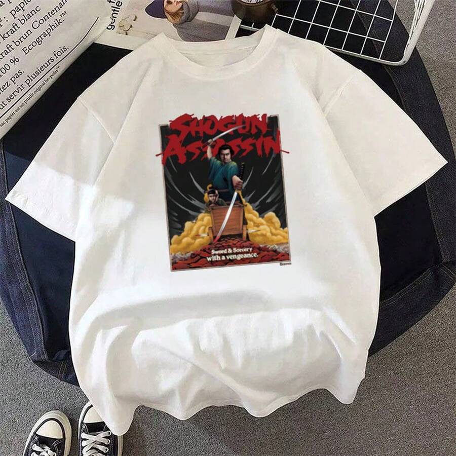 Unisex Shogun-Assassin T-Shirt With Anime And Cartoon Graphic Print, Short Sleeve, Casual Summer Style. - 白色 - 查看 1