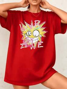 Women's T-Shirt With Cartoon Graphic Print, 100% Cotton, Crew Neck, Loose Fit, 1 Piece. Excellent Gifts For Friends And Family, Casual Style, Everyday Wear, Comfortable And Breathable, Black. - 紅色 - 查看 7