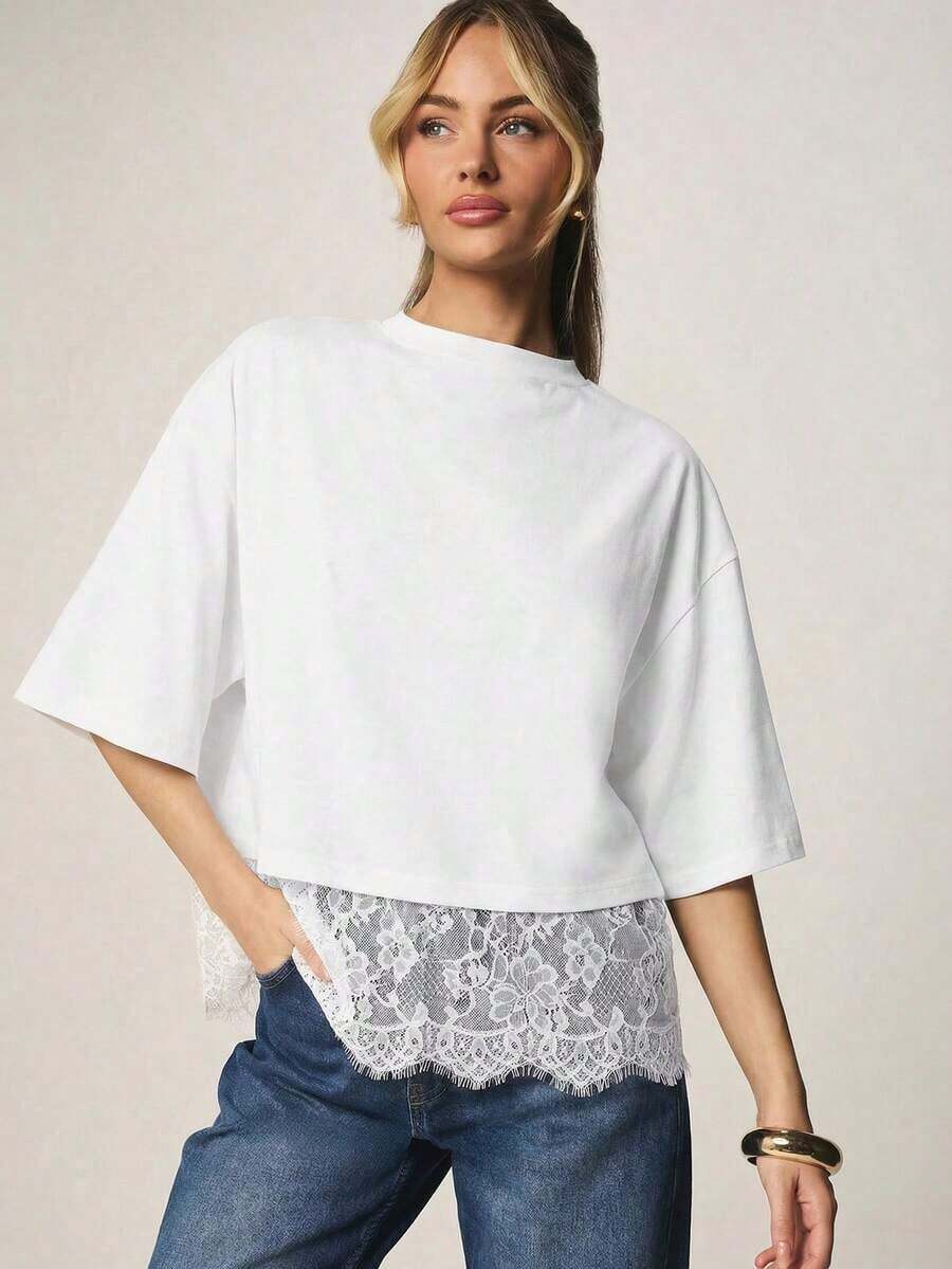 Camiseta de corte relajado y cuello redondo con ribete de encaje para comodidad casual de primavera y verano - Blanco - Ver 1