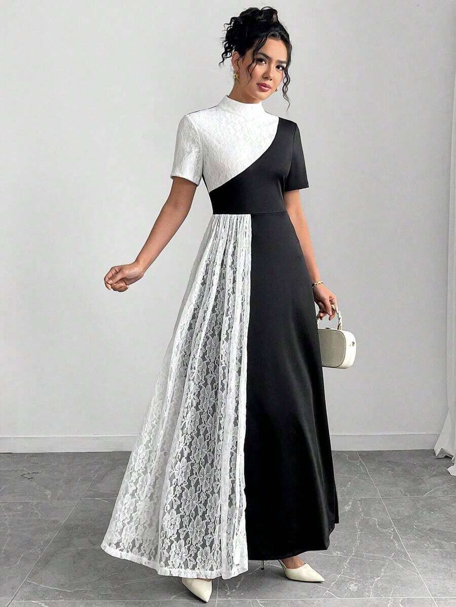 Vestido elegante de mujer con panel de encaje y bloques de color - Blanco y Negro - Ver 1