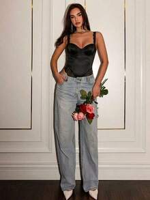 Body sexy y elegante de encaje transparente y satén con copa con aros especial y volantes en el bajo con tirantes de espagueti para mujeres - Negro - Ver 5