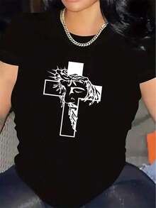 A Short-Sleeved T-Shirt With A White Cross Design, Made From Durable, Lightweight And Comfortable Material For Everyday Use, Ideal For Church, Home Or Casual Outings. - 黑色 - 查看 1