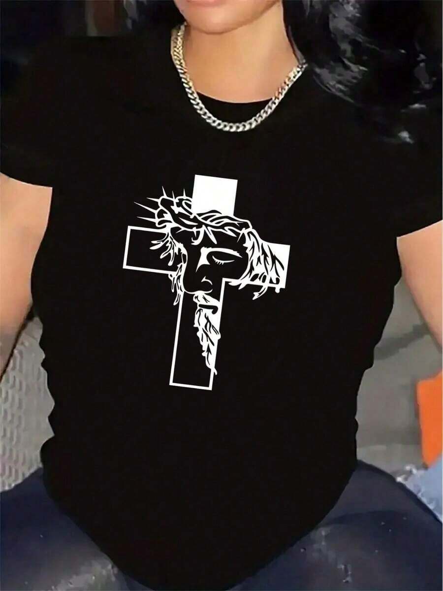 A Short-Sleeved T-Shirt With A White Cross Design, Made From Durable, Lightweight And Comfortable Material For Everyday Use, Ideal For Church, Home Or Casual Outings. - 黑色 - 查看 1