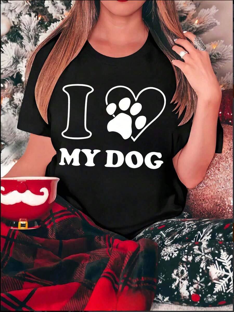 Under The Radar Women's "I Love Dogs" Print T-Shirt - Dog & Puppy Owner Clothing, Summer Short Sleeve Crew Neck T-Shirt With Canine Theme Print, Machine Washable Casual Pet Lover Clothes - Unisex Vintage Urban Style Cotton Short Sleeve Crew Neck T-Shirt. - 黑色 - 查看 1