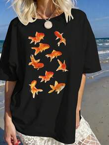 Premium Women's T-Shirt With Goldfish Print, Cute Fish Design, Casual Short Sleeve Round Neck Top For Summer, . - 黑色 - 查看 2