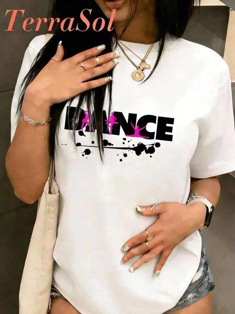 1 Piece. This "Dance" Print T-Shirt Is Perfect For Dance Lovers: A Casual, Pure Cotton Tee Designed For Women. With A Simple Yet Charming Aesthetic Adorned With A Delicate Print, It Features A Classic Crew Neck And Short Sleeves, Effortlessly Capturing The Essence Of Summer Street Style. It Also Makes A Lovely Surprise Gift For Friends And Family. 180g 100% Cotton - 白色 - 查看 1