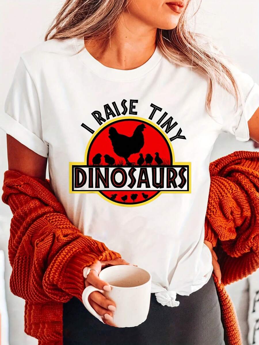 1pc Women's Chicken Print T-Shirt "Raising Little Dinosaurs" - Casual Crew Neck Short Sleeve T-Shirt With Light Stretch, All Season Knit Fabric With Animal Print - 白色 - 查看 1