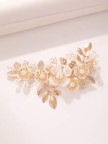1pc Rhinestone & Pearl Alloy Leaf Headpiece, High-End Bridal Wedding Updo Hair Accessory For Women & Girls,Combs,Side Comb - 63399 - View 3