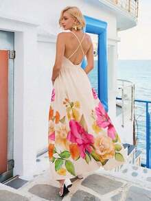 Vestido de mujer con cuello en V profundo, espalda descubierta y estampado floral para vacaciones de verano y playa - Beis - Ver 6