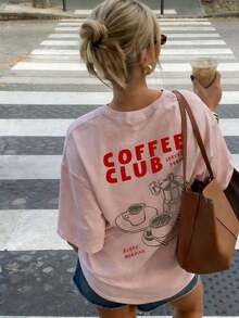 Nueva Camiseta de Verano para Mujer, Estilo Simple y Moderno, con Estampado de Letras y Diseño de Cafetera Moka, Cuello Redondo, Manga Corta, Casual, Versátil y a la Moda. - Rosa Pálido - Ver 6