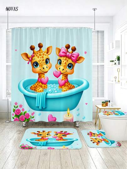Bộ đồ dùng phòng tắm hình hươu cao cổ hoạt hình dễ thương 1/3/4 món, gồm hai chú hươu cao cổ trong bồn tắm với họa tiết trái tim và hoa, rèm tắm chống thấm nước kèm 12 móc, thảm chống trượt, nắp bồn cầu và thảm chữ U, trang trí nhà cửa độc đáo.