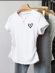Camiseta Deportiva Casual para Mujer de Manga Corta con Diseño de Corazón - Camiseta Blanca de Cuello en V, Elástica y Lavable aáquina, Ajuste Cómodo y Apta para Todas las Estaciones, para el Uso Diario y Actividades Informales. - Blanco - Ver 1