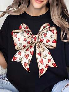 Camiseta con Gráfico de Corazón y Lazo de San Valentín para Mujer, Diseño Romántico y Lindo, Perfecta para Celebrar el Día de San Valentín, 100% Algodón, Camiseta para Mujer - Negro - Ver 7