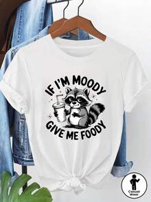 1 Piece Of Women's Casual Fashion Round Neck T-Shirt For Spring/Summer, With Raccoon Print And The Phrase "If I'm In A Bad Mood, Give Me Food", Plus Size, 180g, 100% Cotton. - 白色 - 查看 2