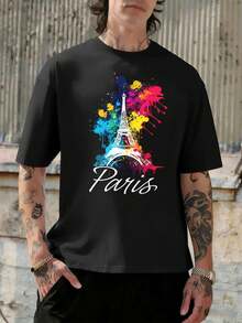T-shirt da uomo con grafica della Torre Eiffel di Parigi, estiva, casual, traspirante, con stampa grafica unica. - nero - Visualizzare 1