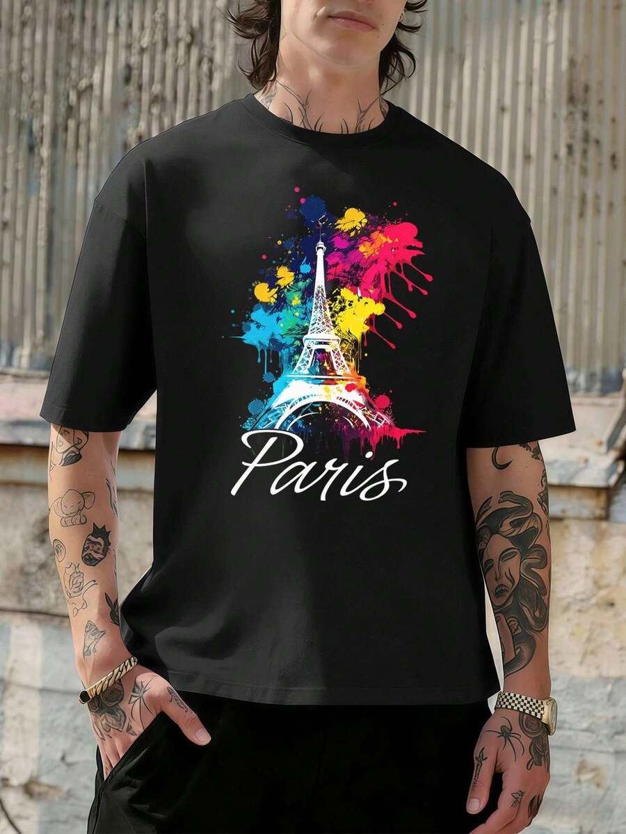 T-shirt da uomo con grafica della Torre Eiffel di Parigi, estiva, casual, traspirante, con stampa grafica unica. - nero - Visualizzare 1
