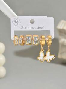 6pcs/Set Women's Stainless Steel Butterfly Rhinestone Hoop Earrings Set, Suitable For Daily Wear - Multicolor - View 9