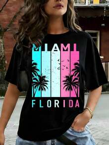 1 Piece Of Women's Casual T-Shirt With Miami, Florida Print, Beach Souvenir, Short Sleeve, Comfortable For Casual And Elegant Outfits, Lightweight And Breathable, Machine Washable, Regular Fit, Round Neck, 180g, 100% Cotton. - 黑色 - 查看 12