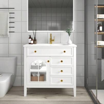 Tocador de baño de estilo de mediados de siglo de 35.6" con lavabo, tira de luz con sensor de movimiento y vidrio con patrón, tocador de baño independiente de estilo rústico con almacenamiento, gabinete de tocador de baño de alta gama de color blanco