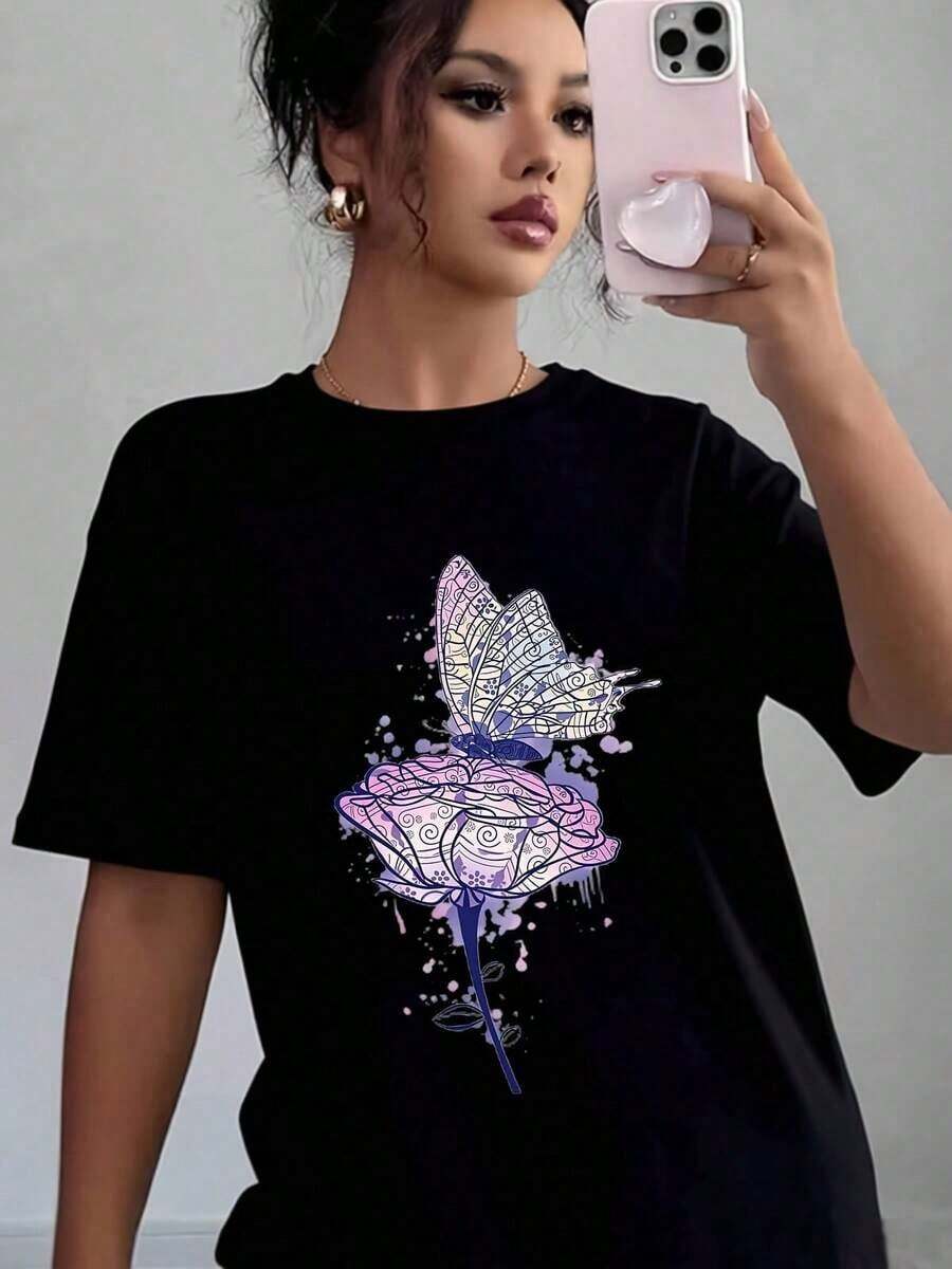 Women's Casual T-Shirt With Floral Print Of Butterflies And Roses, Bohemian Style, Soft And Comfortable, Gift For Birthday Or Valentine's Day, Cotton T-Shirt - 黑色 - 查看 1