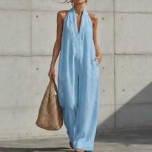 Women's Casual Sleeveless Jumpsuit Spring-Summer 2026, European American Minimalist And Elegant Style In Cotton Linen Fabric - 天藍色 - 查看 3