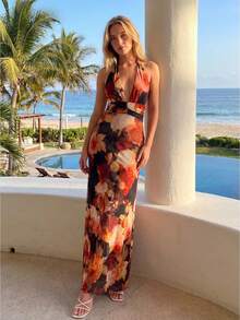 Vestido Largo Bohemio Sin Mangas Floral para Mujer, Cuello Alto y Ajustado, Ligero para Playa y Vacaciones de Verano - Multicolor - Ver 4