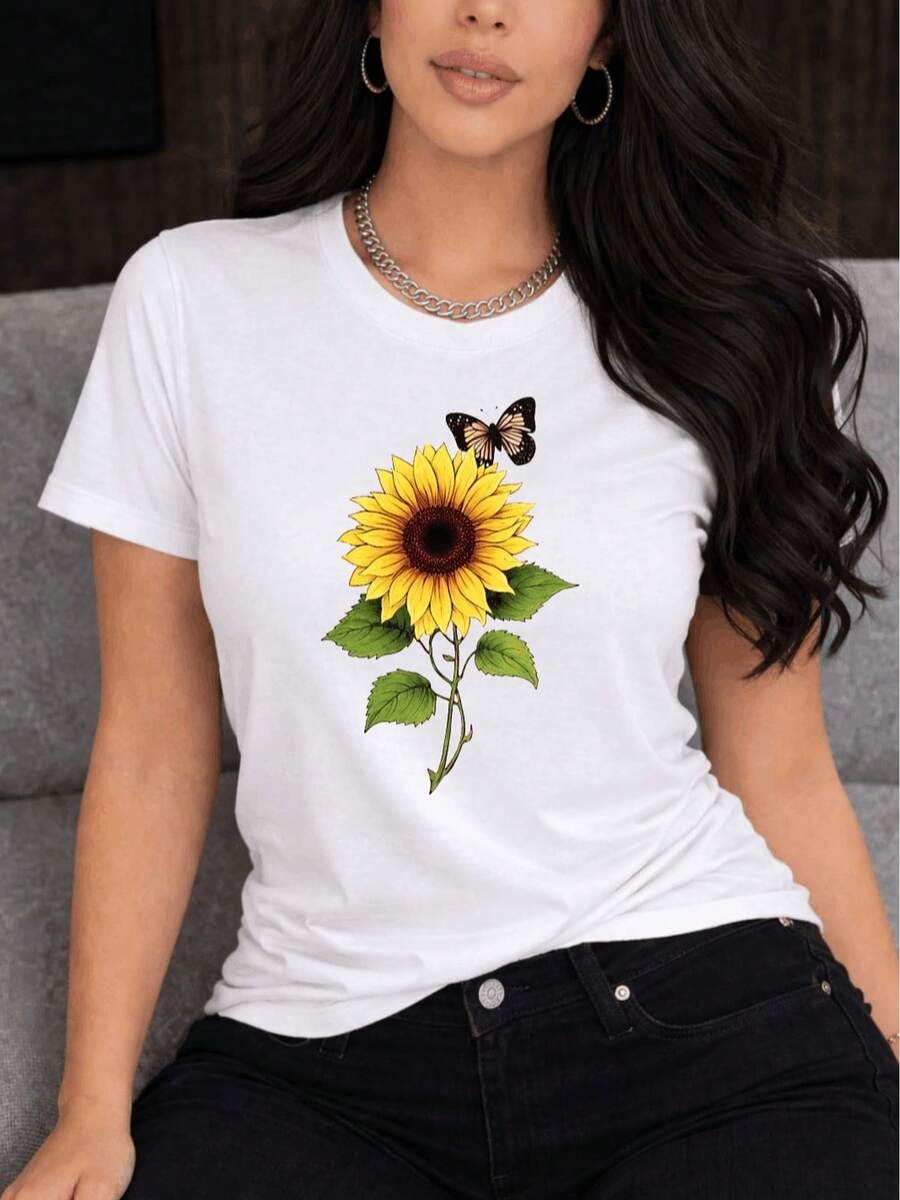 Unique Floral T-Shirt With Sunflower And Butterfly, Modern And Fresh Design, Casual Style, Perfect For Spring And Summer, Suitable For All Ages, Available Colors: White, Black, Sizes S, M, L, Fashion Category, Trending. - White - View 1