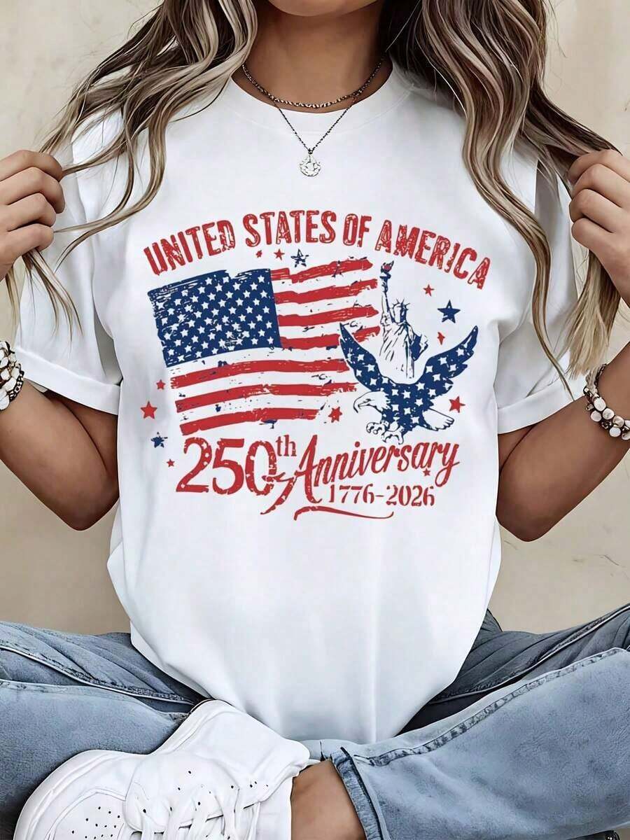 Camiseta Casual para Mujer, 250º Aniversario de los Estados Unidos de América 1776 2026, Estampado Patriótico con Bandera Americana y Águila, Celebración del Día de la Independencia, Top para Festivales de Verano y Días Festivos Nacionales, playeras de mujer - Blanco - Ver 1