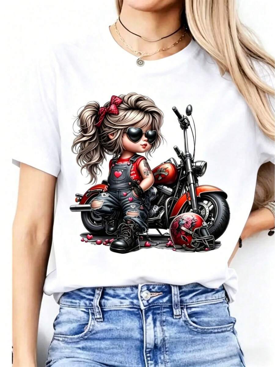 Women's T-Shirt With Cartoon Biker Girl Print Featuring A Red Motorcycle And Heart Details, Modern Heat-Print Design, Youthful Streetwear Style T-Shirt - 白色的 - 查看 1