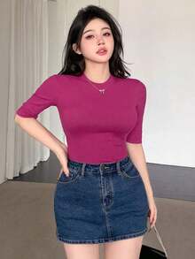 Camiseta casual de mujer con cuello alto, manga corta, ajustada, con cierre cruzado delantero, sólida y sexy.Versátil para usar en verano, estilo preppy. - Rosa Fucsia - Ver 3