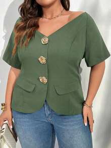 delgada de estilo elegante con botones metálicos, hombros descubiertos y ajuste ceñido, ideal para uso diario, oficina, graduación, regreso a clases y atuendos de maestras en primavera/verano y otoño/invierno para mujeres de talla grande - verde menta - Ver 5